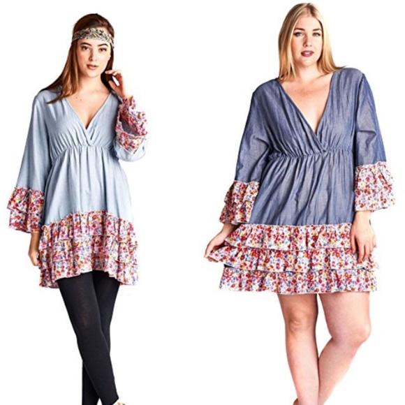 Cute Plus Size Pleated Chambray BoHo Gypsie Mini - Picture 4 of 4